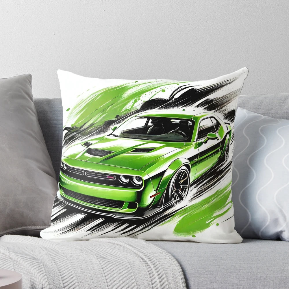 Vibrant green watercolor and calligraphy Dodge Challenger pillow, perfect for car enthusiasts.