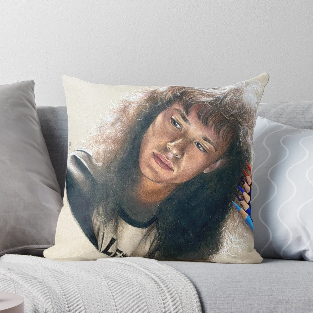 Vibrant colored pencil drawing of Eddie Munson from Stranger Things on a soft, plush pillow