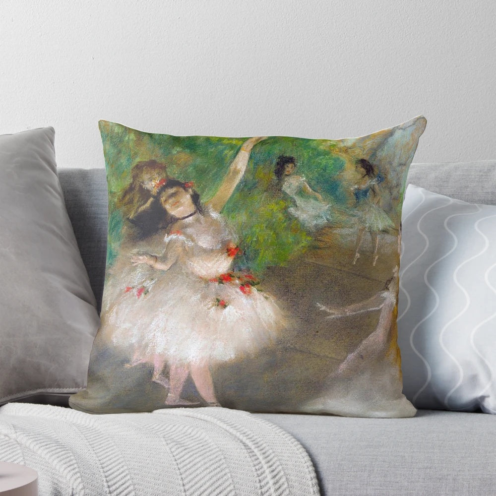Elegant pillow featuring a high-definition reproduction of Edgar Degas' famous ballet dancer artwork