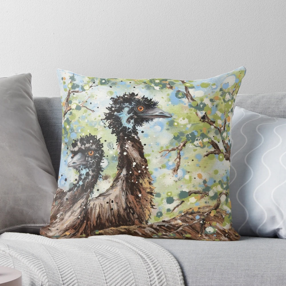 Emu portrait pillow featuring a realistic and impressionistic depiction of the iconic Australian emu