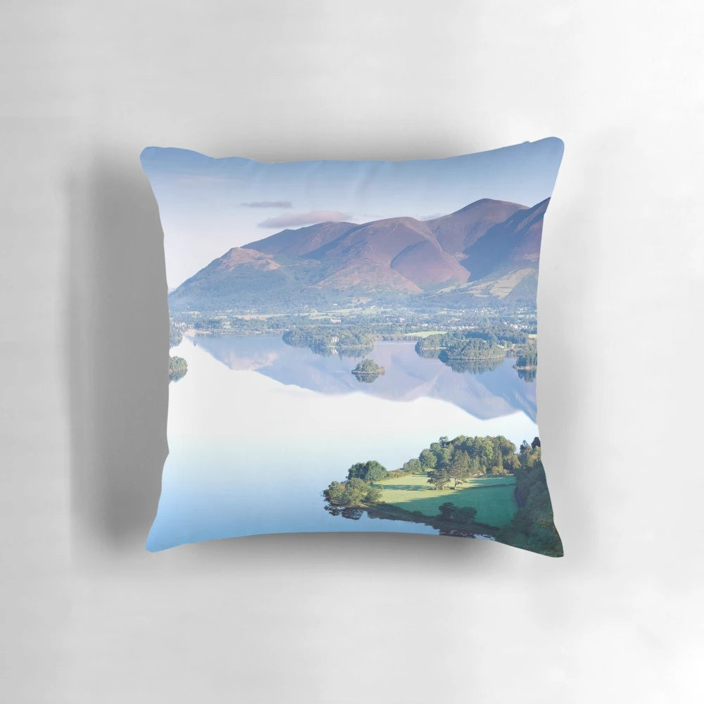 Pillow featuring a breathtaking landscape of Skiddaw mountain and Derwentwater in the English Lake District