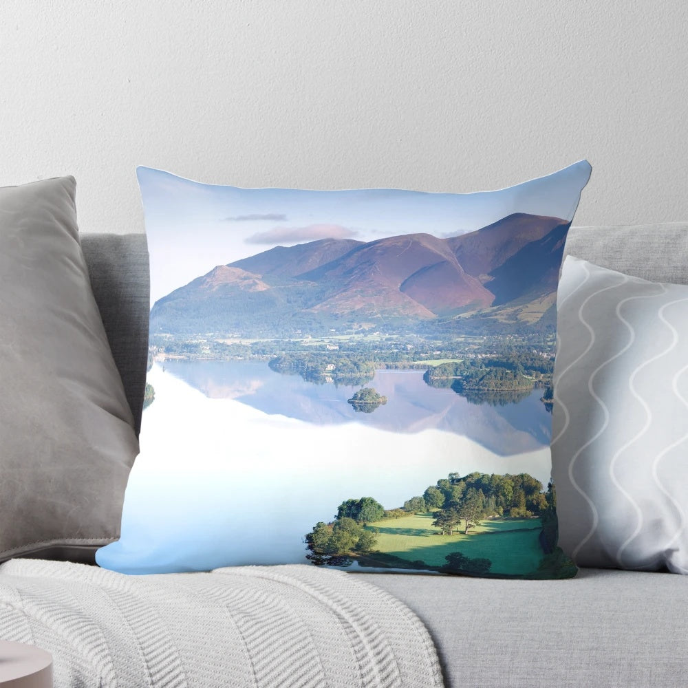 Pillow featuring a breathtaking landscape of Skiddaw mountain and Derwentwater in the English Lake District