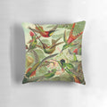 Colorful decorative pillow featuring an illustration of a colibri hummingbird inspired by the artwork of Ernst Haeckel