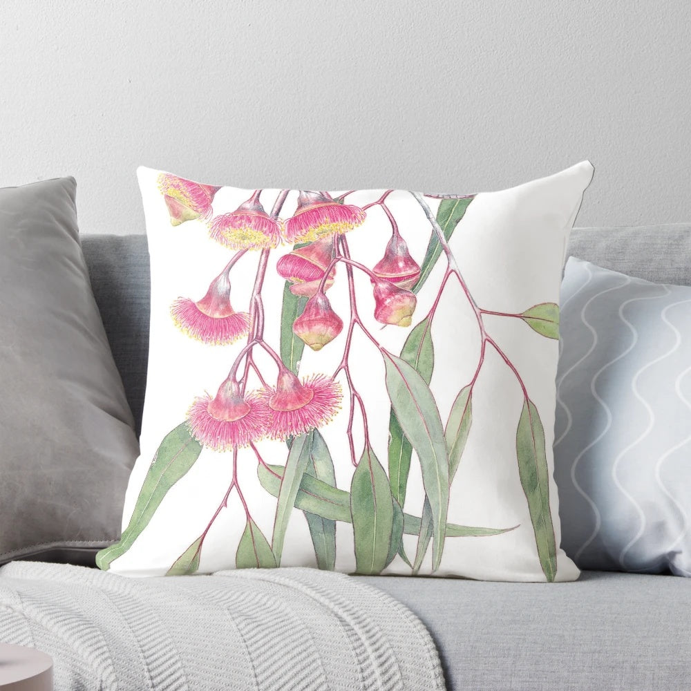 Eucalyptus caesia pillow featuring a vibrant watercolor illustration of the rare silver princess eucalypt