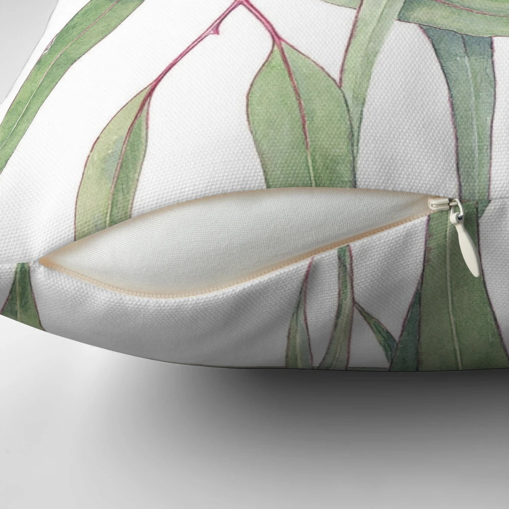 Eucalyptus caesia pillow featuring a vibrant watercolor illustration of the rare silver princess eucalypt
