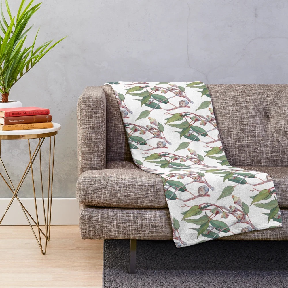 Eucalyptus tree branch watercolor art on a plush blanket