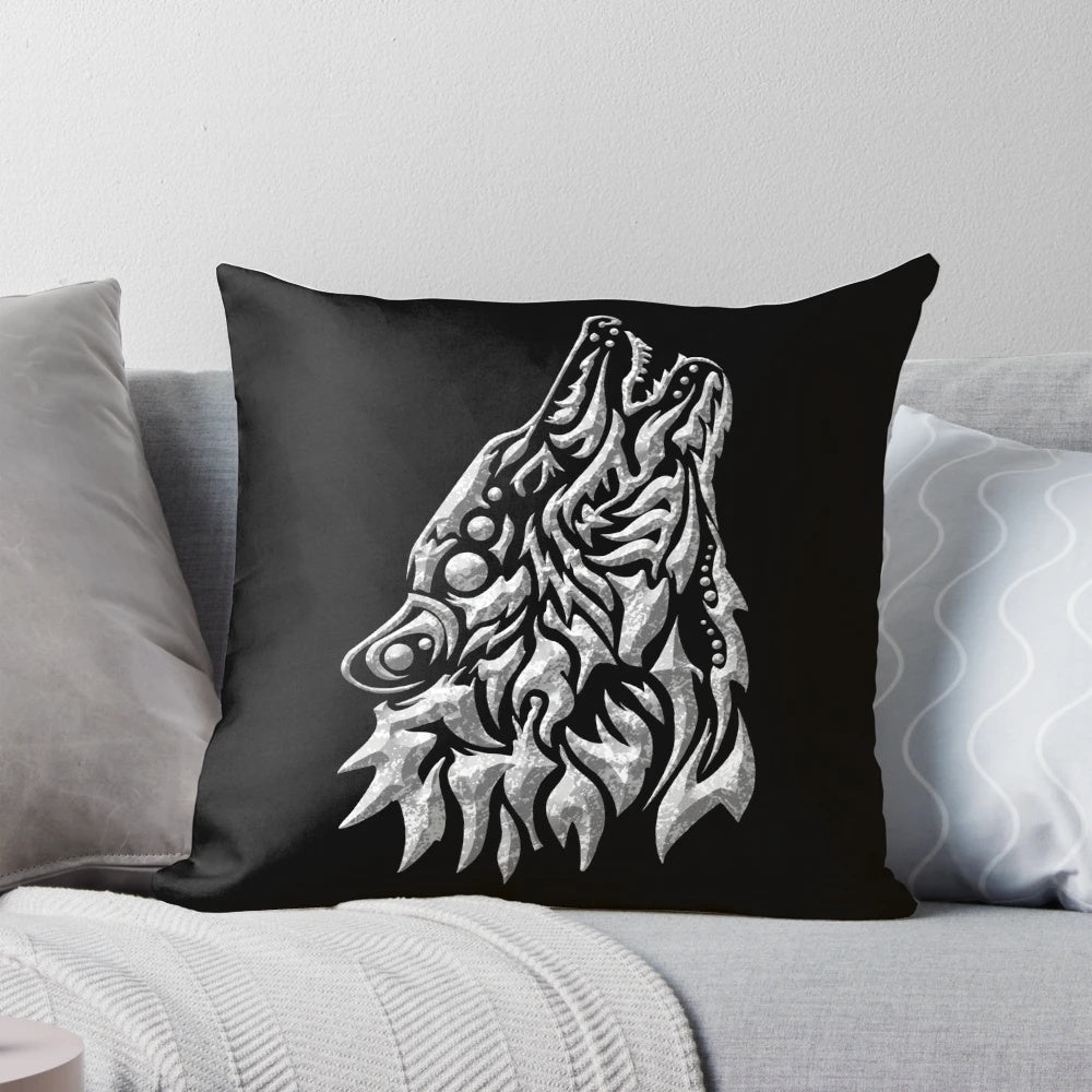 Fenrir, the legendary wolf from Norse mythology, depicted in a striking wolf pillow design.