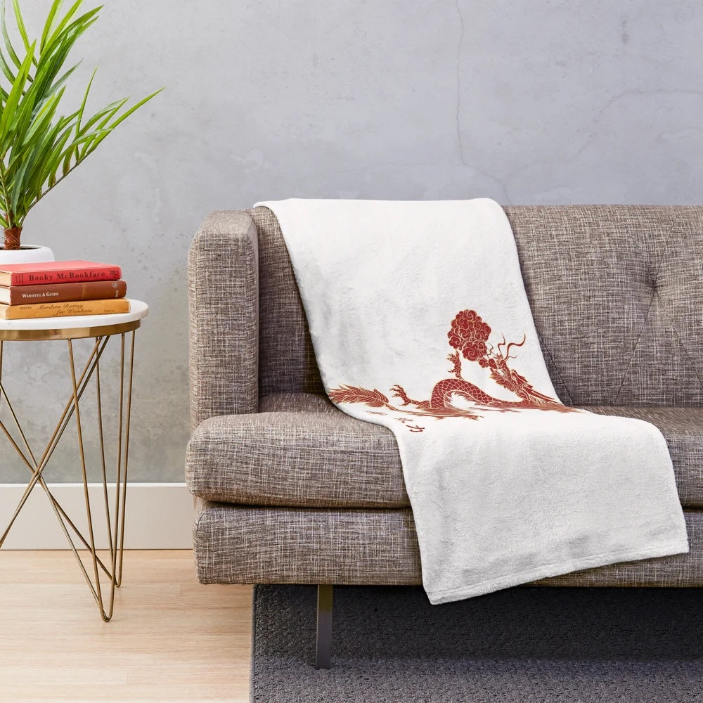 Vibrant red dragon with kanji art design on a soft and cozy plush blanket