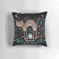 Vibrant floral and cat pattern pillow in black, perfect for cat lovers