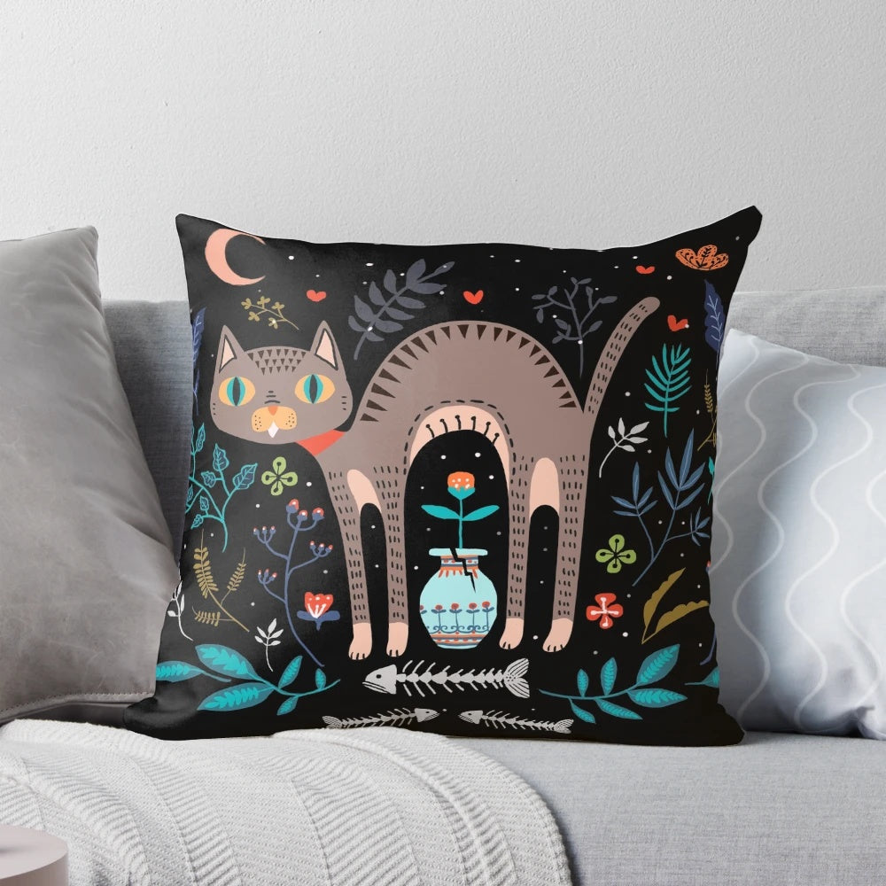 Vibrant floral and cat pattern pillow in black, perfect for cat lovers