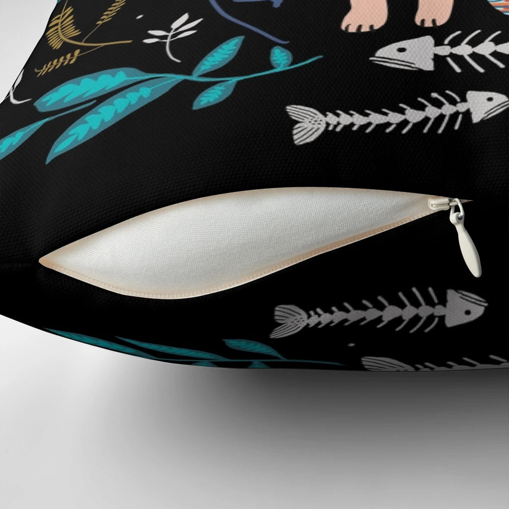 Vibrant floral and cat pattern pillow in black, perfect for cat lovers