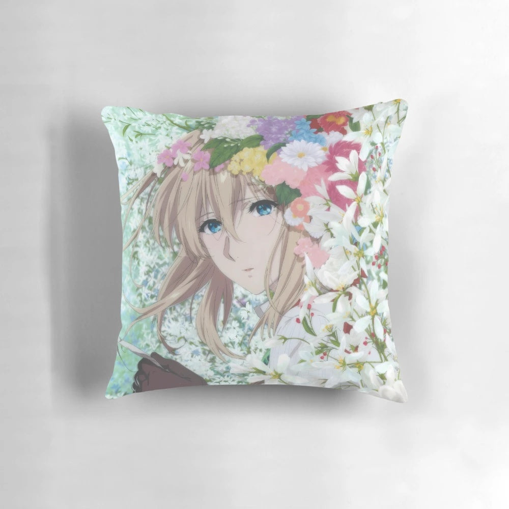 Soft and cozy floral Violet Evergarden anime-inspired pillow