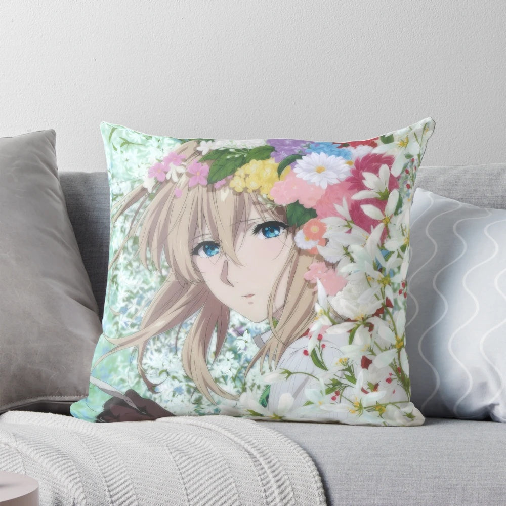 Soft and cozy floral Violet Evergarden anime-inspired pillow