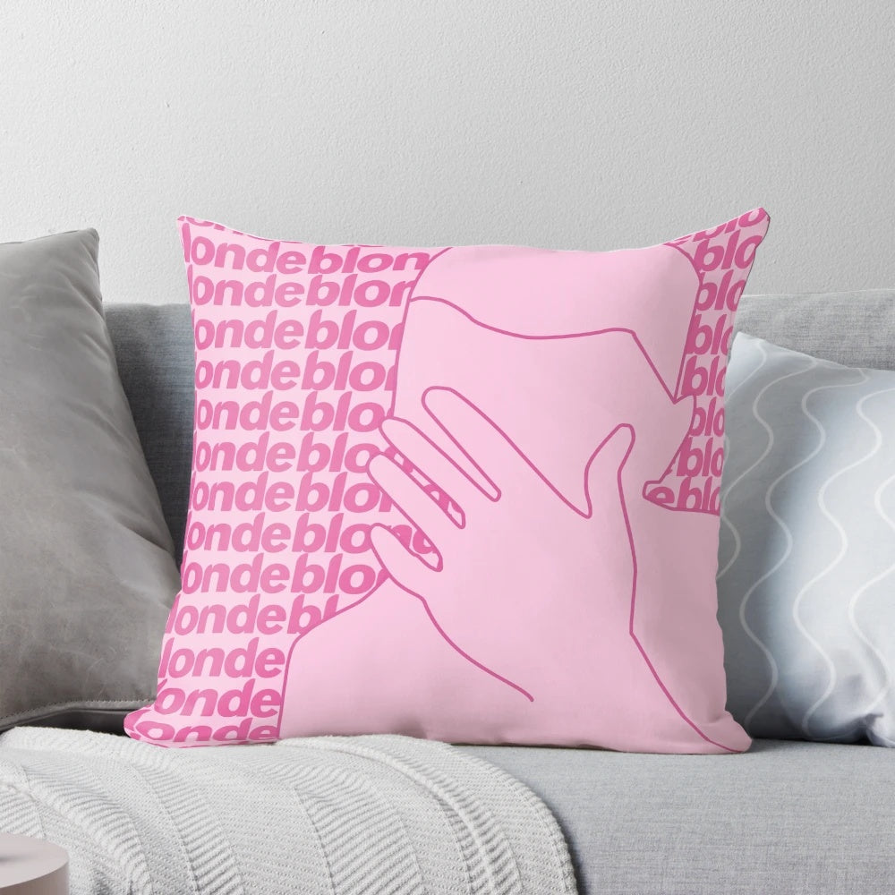 A decorative throw pillow featuring a minimalist line art illustration of music artist Frank Ocean's album "Blonde" in shades of dark and hot pink.