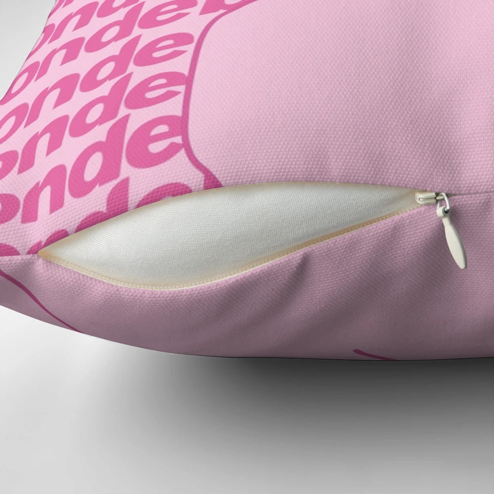 A decorative throw pillow featuring a minimalist line art illustration of music artist Frank Ocean's album "Blonde" in shades of dark and hot pink.