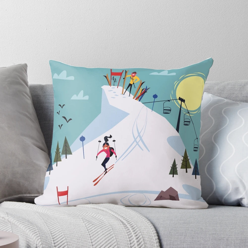 French Alps ski poster print featured on a soft, high-quality pillow