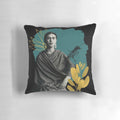 Monochrome portrait of Mexican artist Frida Kahlo with flowers and a bird on a black background.