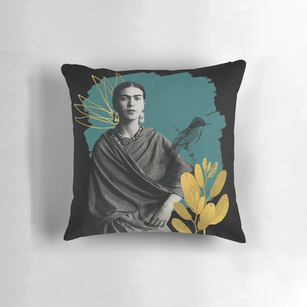 Monochrome portrait of Mexican artist Frida Kahlo with flowers and a bird on a black background.