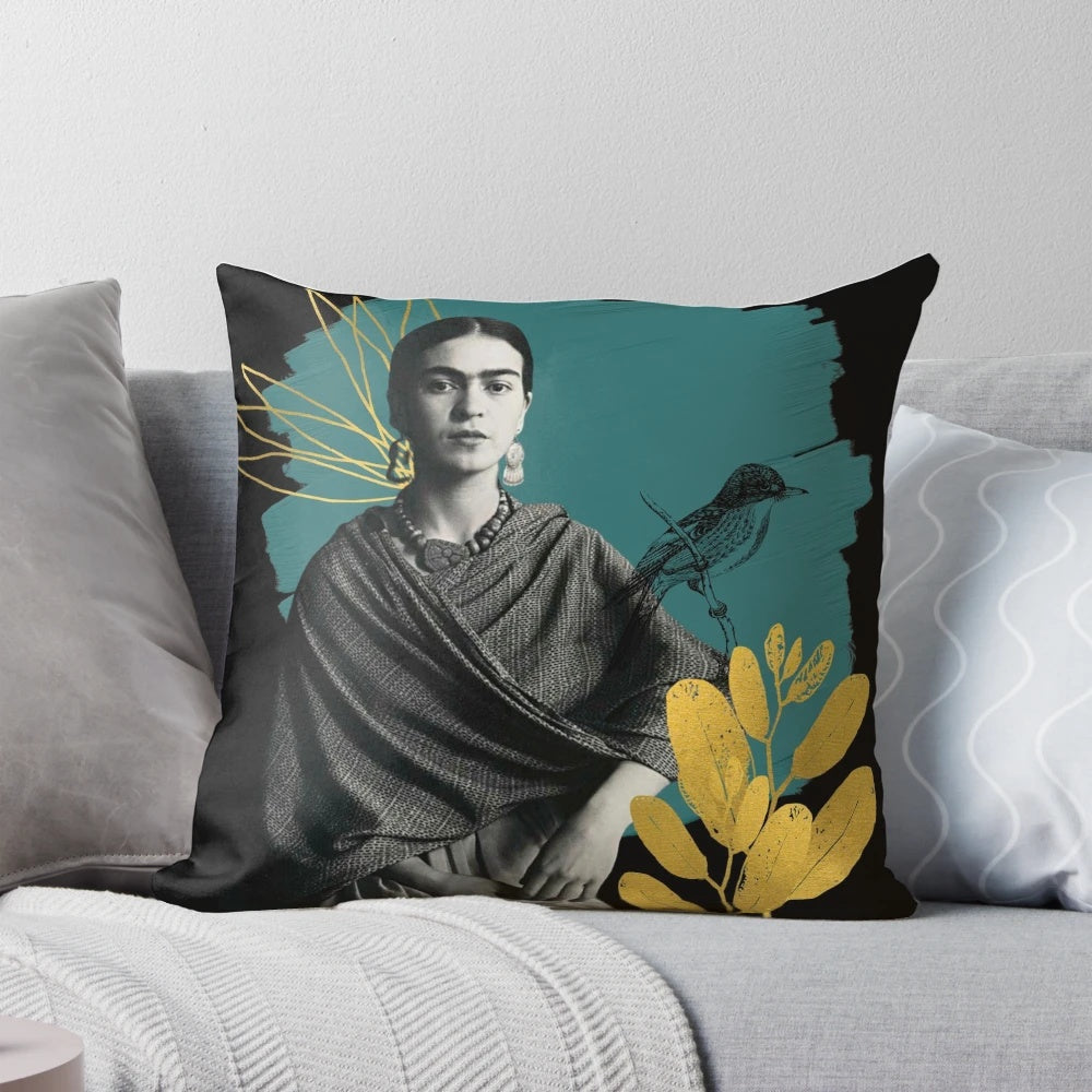 Monochrome portrait of Mexican artist Frida Kahlo with flowers and a bird on a black background.