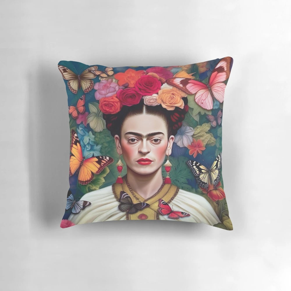 Colorful Frida Kahlo portrait pillow with vibrant Mexican-inspired design