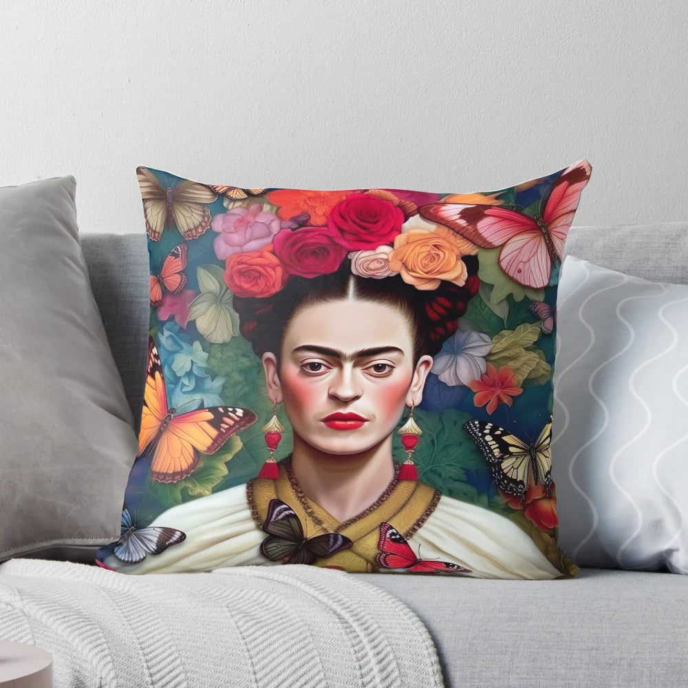 Colorful Frida Kahlo portrait pillow with vibrant Mexican-inspired design