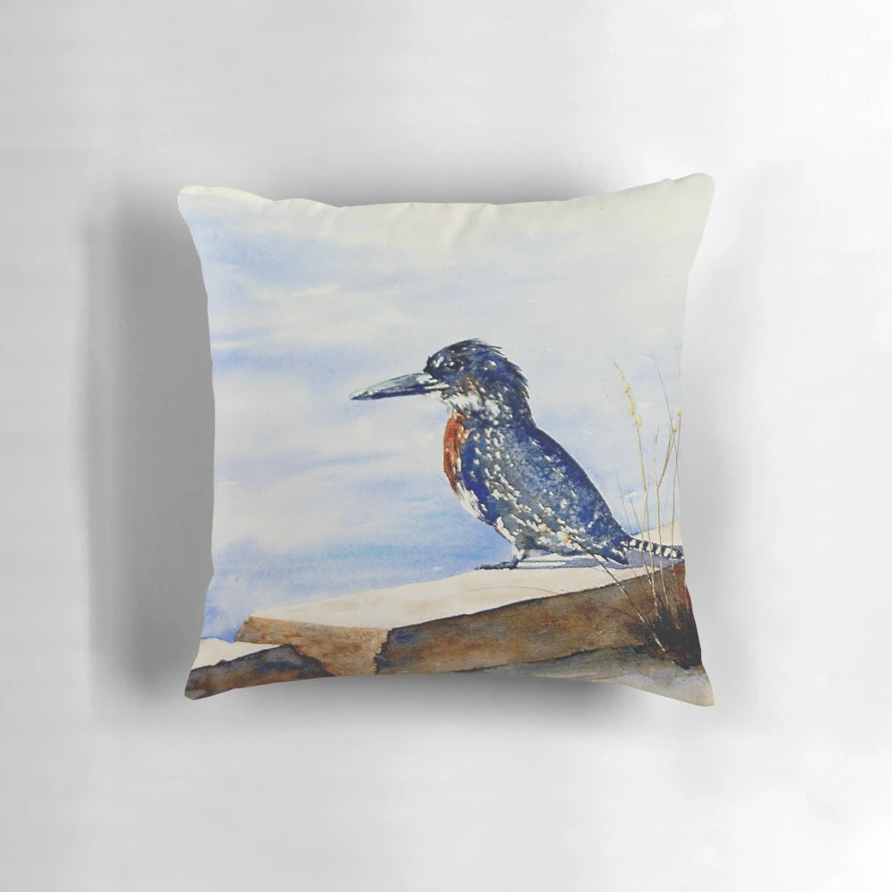 Vibrant watercolor illustration of a giant kingfisher bird perched on a branch