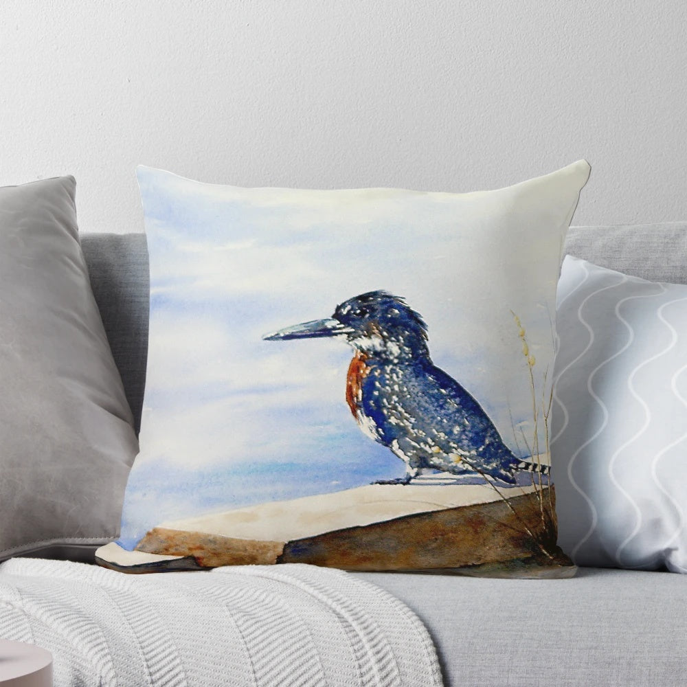 Vibrant watercolor illustration of a giant kingfisher bird perched on a branch