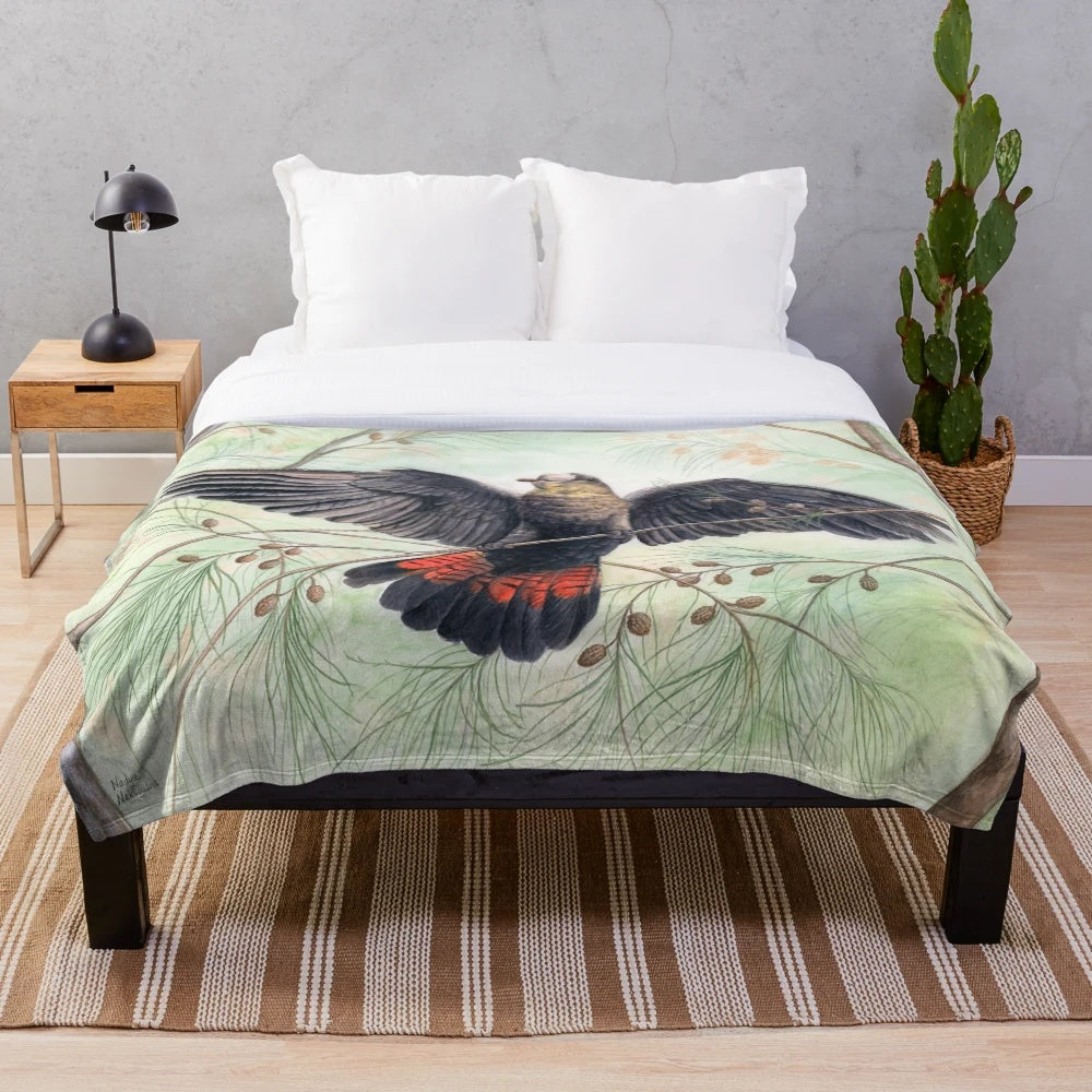 Glossy Black Cockatoo Artwork on Plush Blanket
