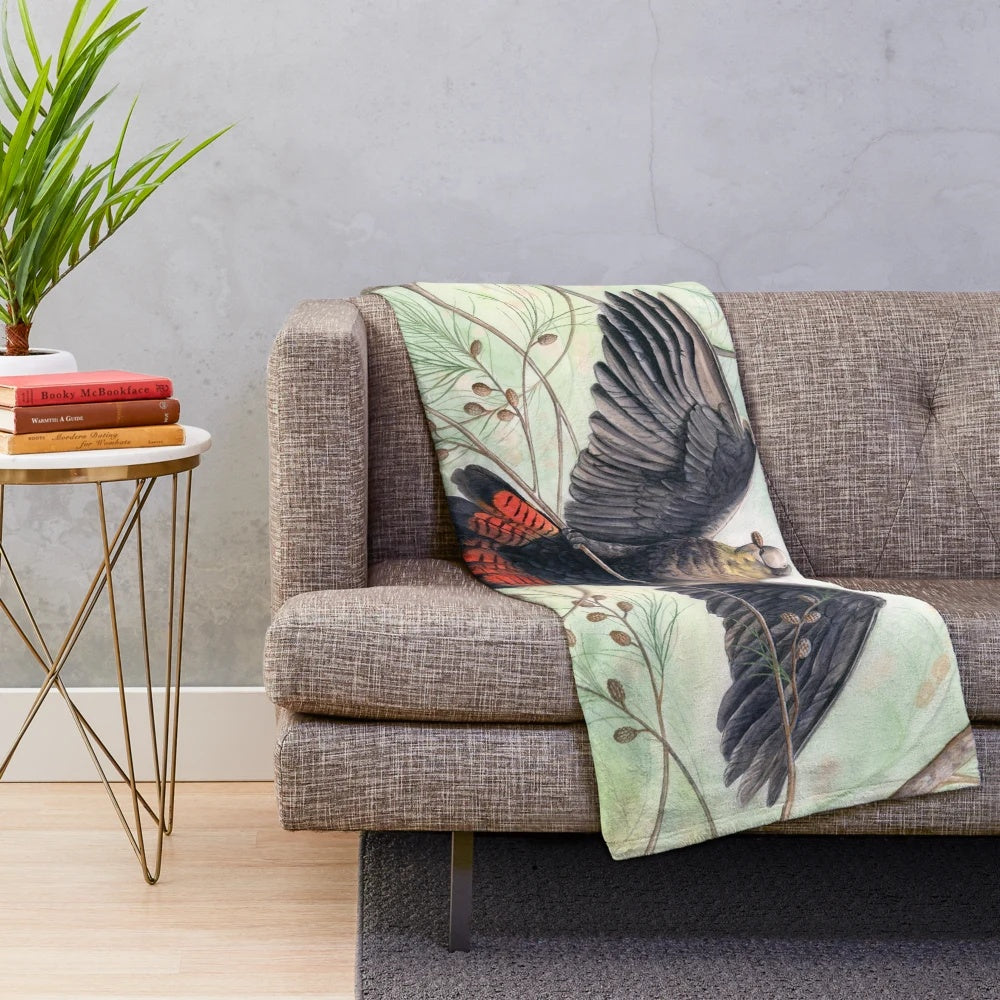 Glossy Black Cockatoo Artwork on Plush Blanket