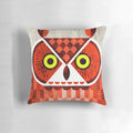 A vibrant and minimalist digital illustration of a great horned owl on a decorative pillow.