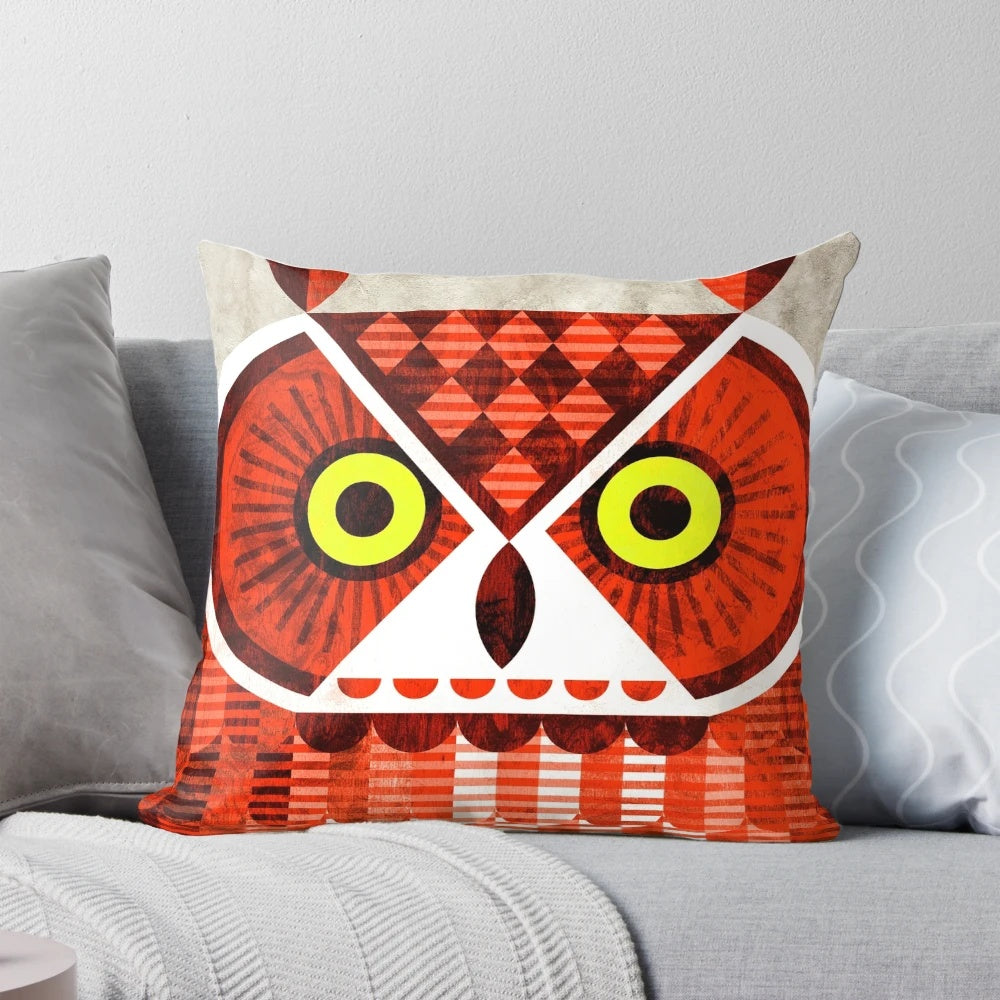 A vibrant and minimalist digital illustration of a great horned owl on a decorative pillow.