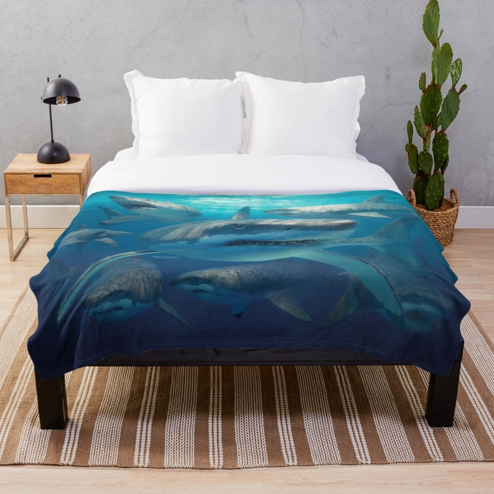 Great white shark plush blanket with underwater scene