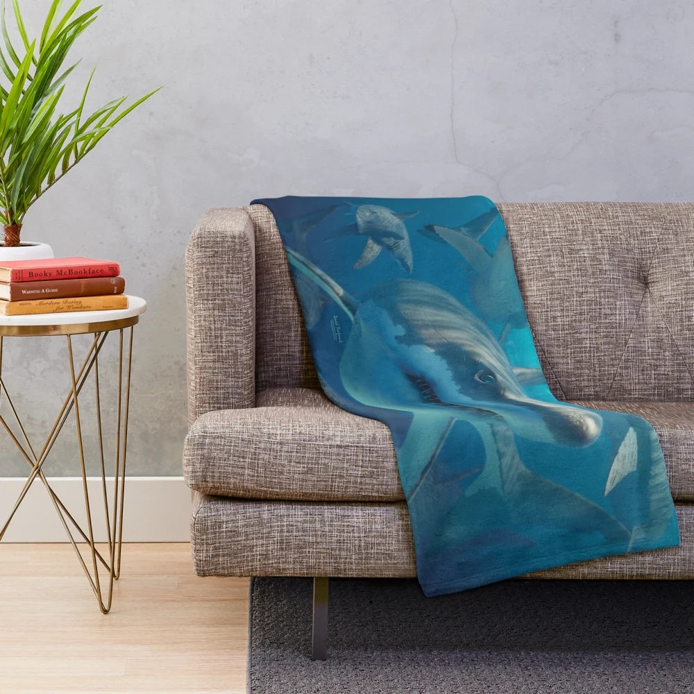 Great white shark plush blanket with underwater scene