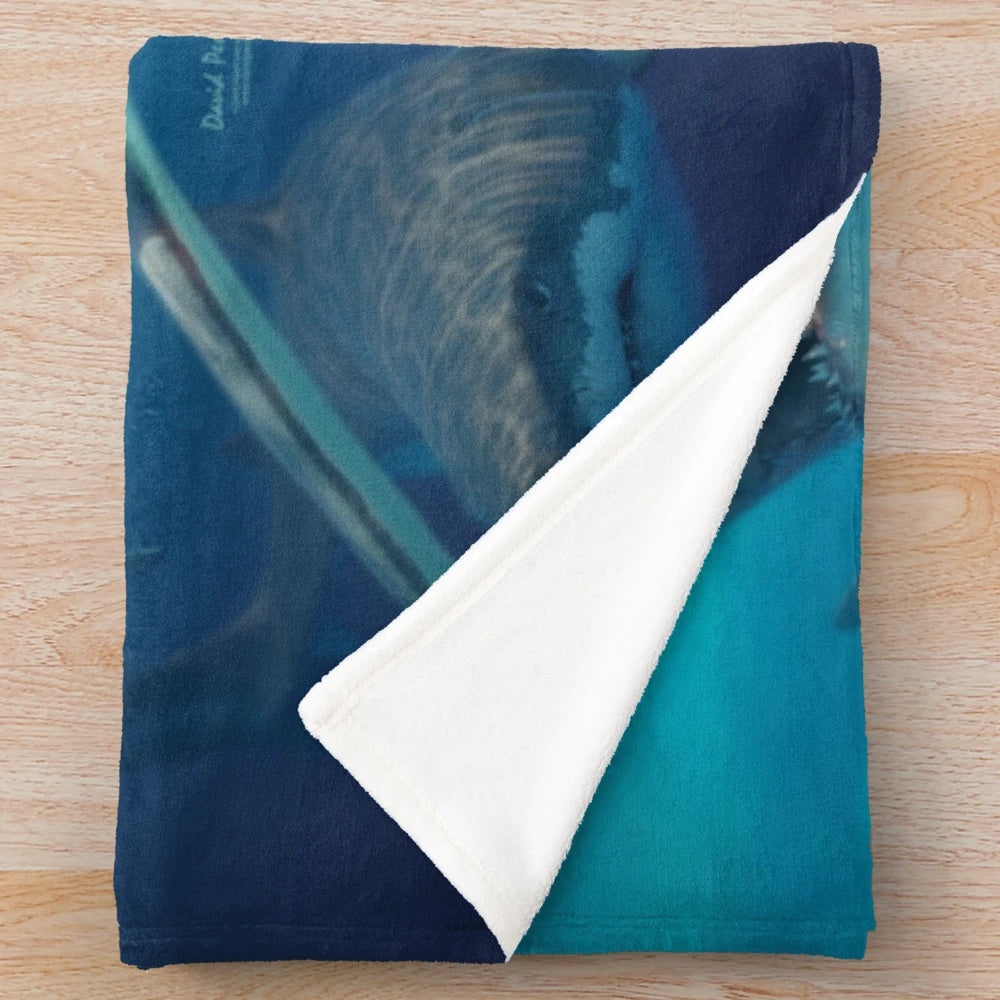 Great white shark plush blanket with underwater scene