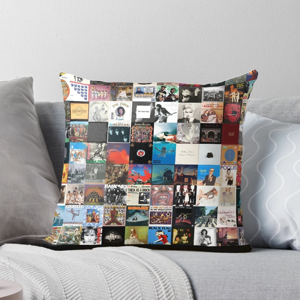 A collage of classic album covers printed on a high-quality pillow, perfect for music lovers