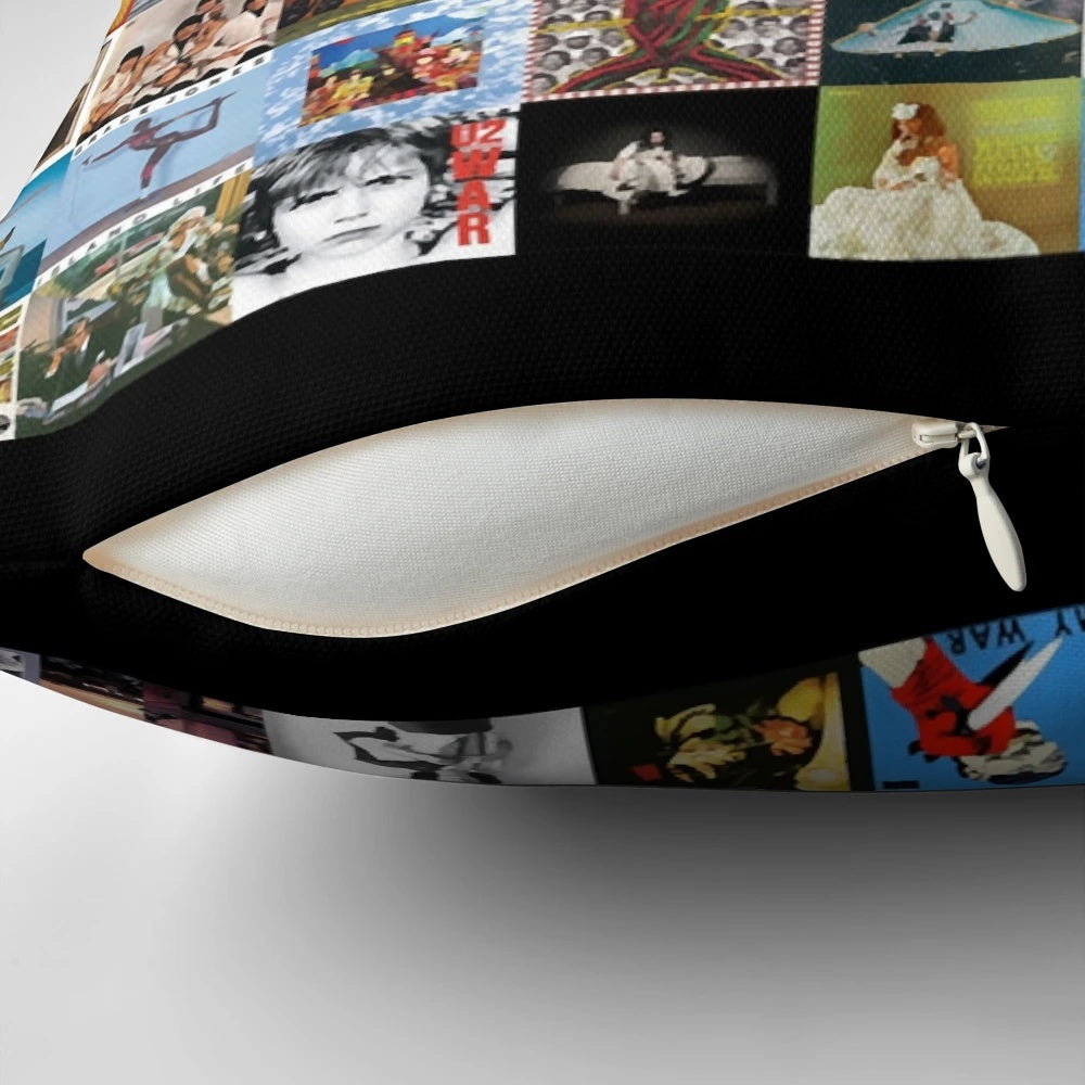 A collage of classic album covers printed on a high-quality pillow, perfect for music lovers