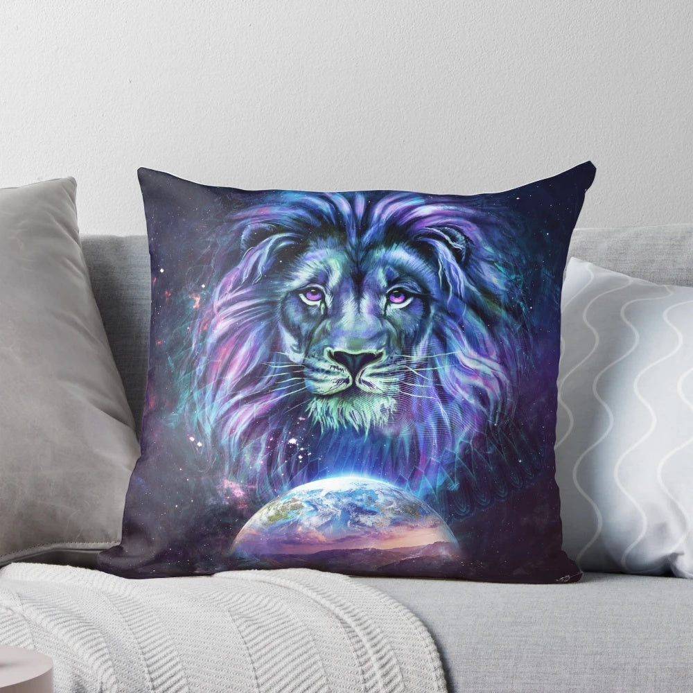 Vibrant and surreal illustration of a majestic lion in a cosmic space setting, perfect for wall art or home decor.