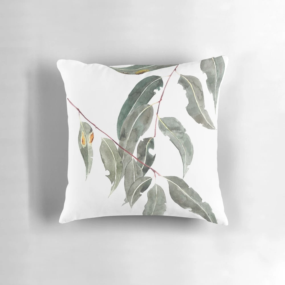 Vibrant watercolor illustration of gum leaves, an iconic Australian native plant design.