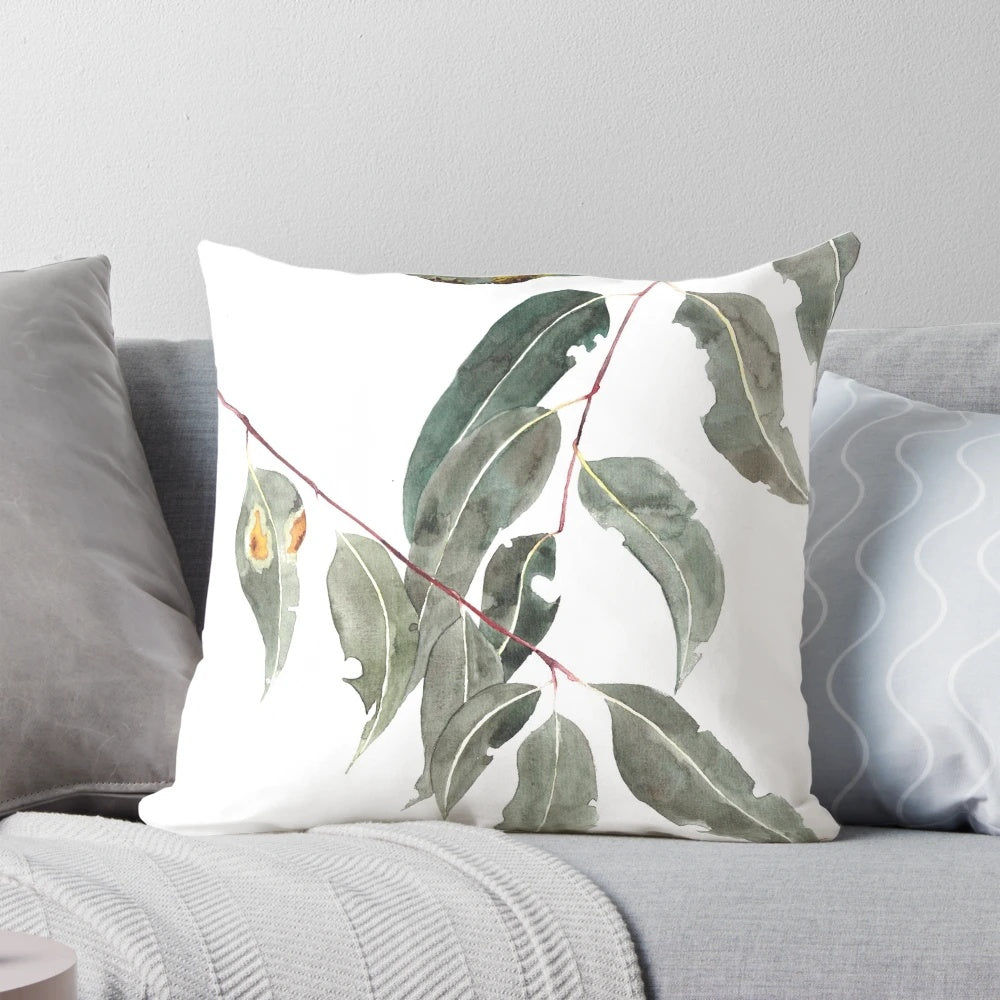 Vibrant watercolor illustration of gum leaves, an iconic Australian native plant design.