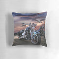 Vibrant sunset landscape printed on a plush, high-quality pillow, perfect for Harley Davidson motorcycle fans and home decor.