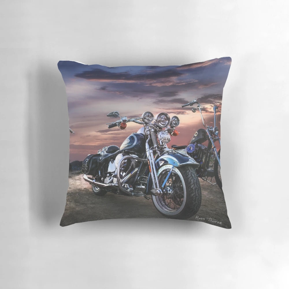 Vibrant sunset landscape printed on a plush, high-quality pillow, perfect for Harley Davidson motorcycle fans and home decor.