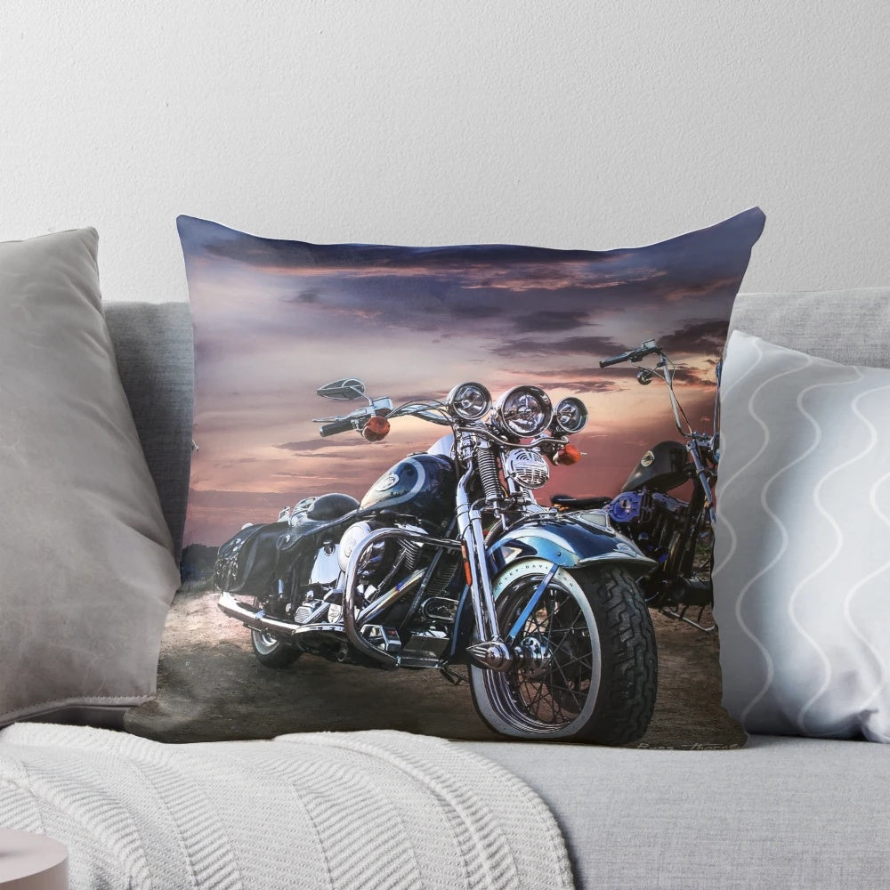 Vibrant sunset landscape printed on a plush, high-quality pillow, perfect for Harley Davidson motorcycle fans and home decor.
