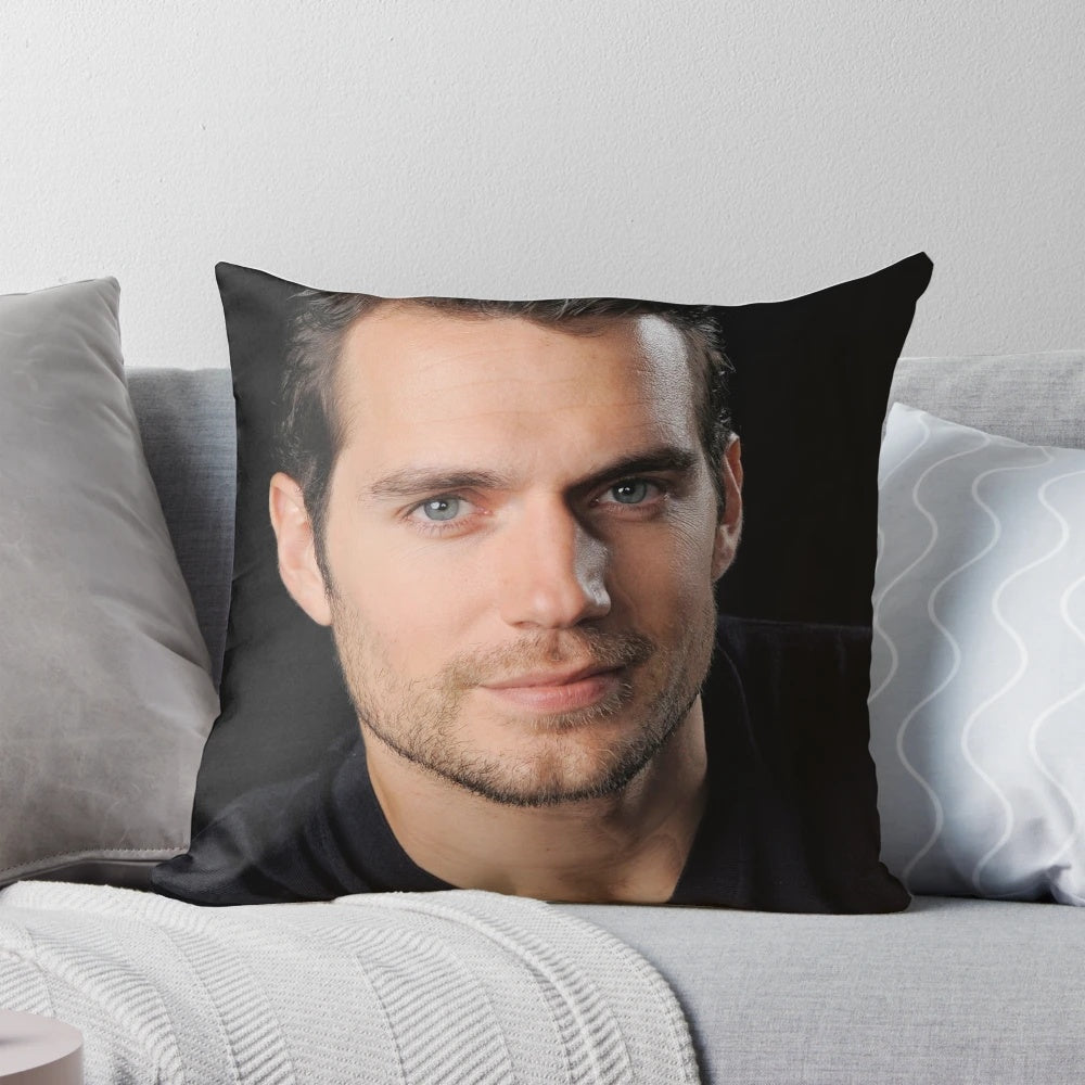 A high-quality pillow featuring the handsome image of actor Henry Cavill