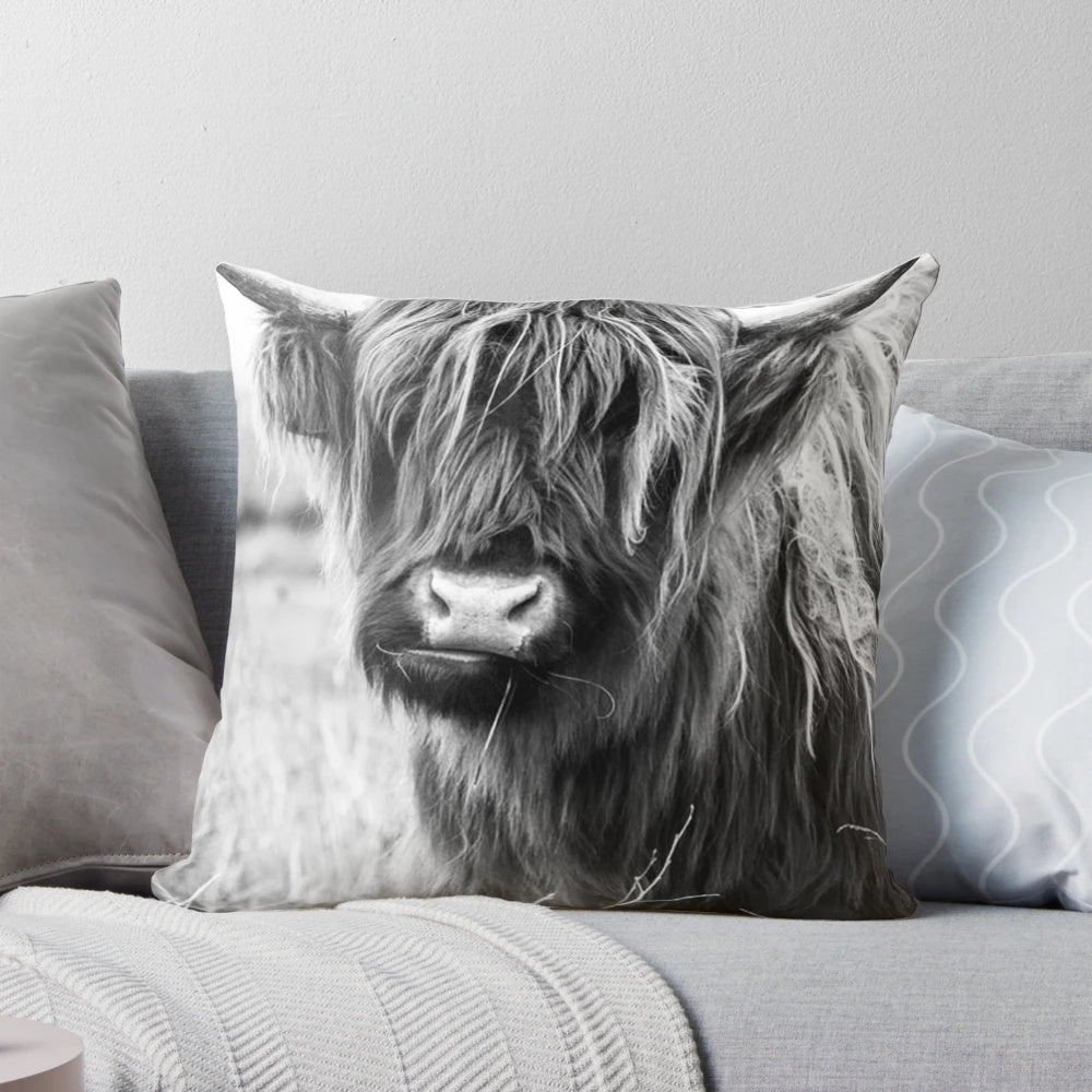 Artistic black and white watercolor portrait of a majestic Highland cow