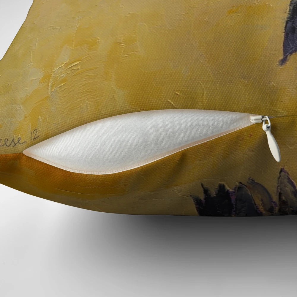 Hummingbird pillow featuring a vibrant abstract oil painting of a hummingbird in flight