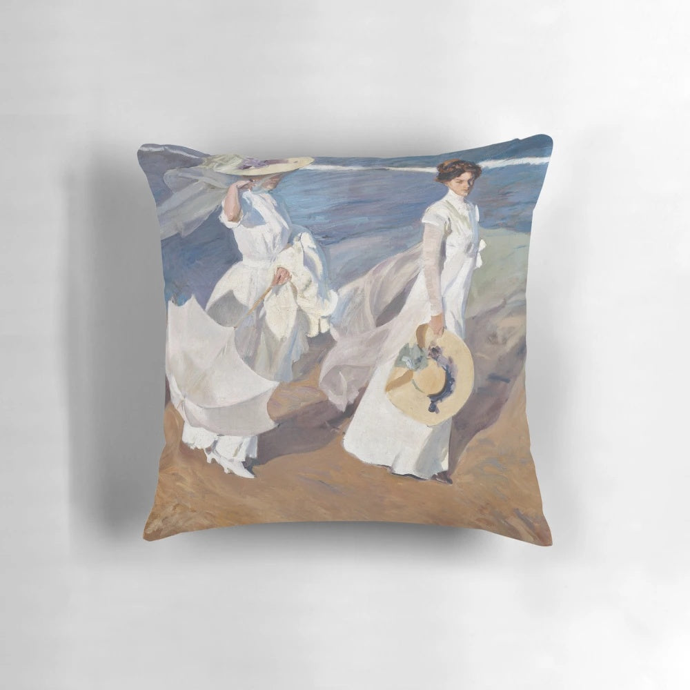 Joaquín Sorolla's vibrant "Strolling along the Seashore" painting printed on a high-quality throw pillow