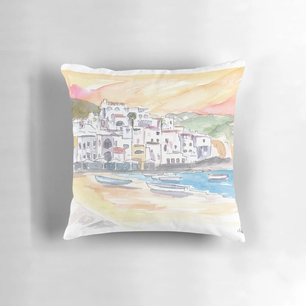 Pillow featuring a vibrant painting of the picturesque Ischia harbor in Italy, with the historic Castello Aragonese in the background.