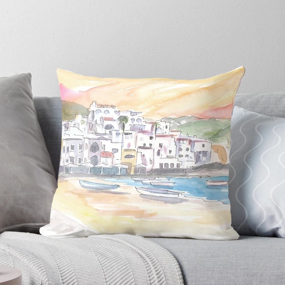Pillow featuring a vibrant painting of the picturesque Ischia harbor in Italy, with the historic Castello Aragonese in the background.