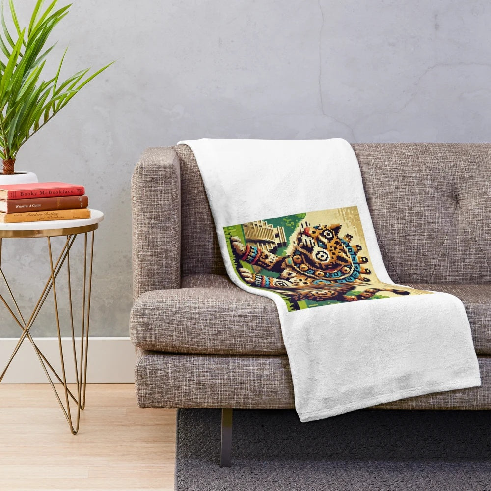 Jaguar Warrior Leap Plush Blanket with vibrant Aztec jungle pixel art design
