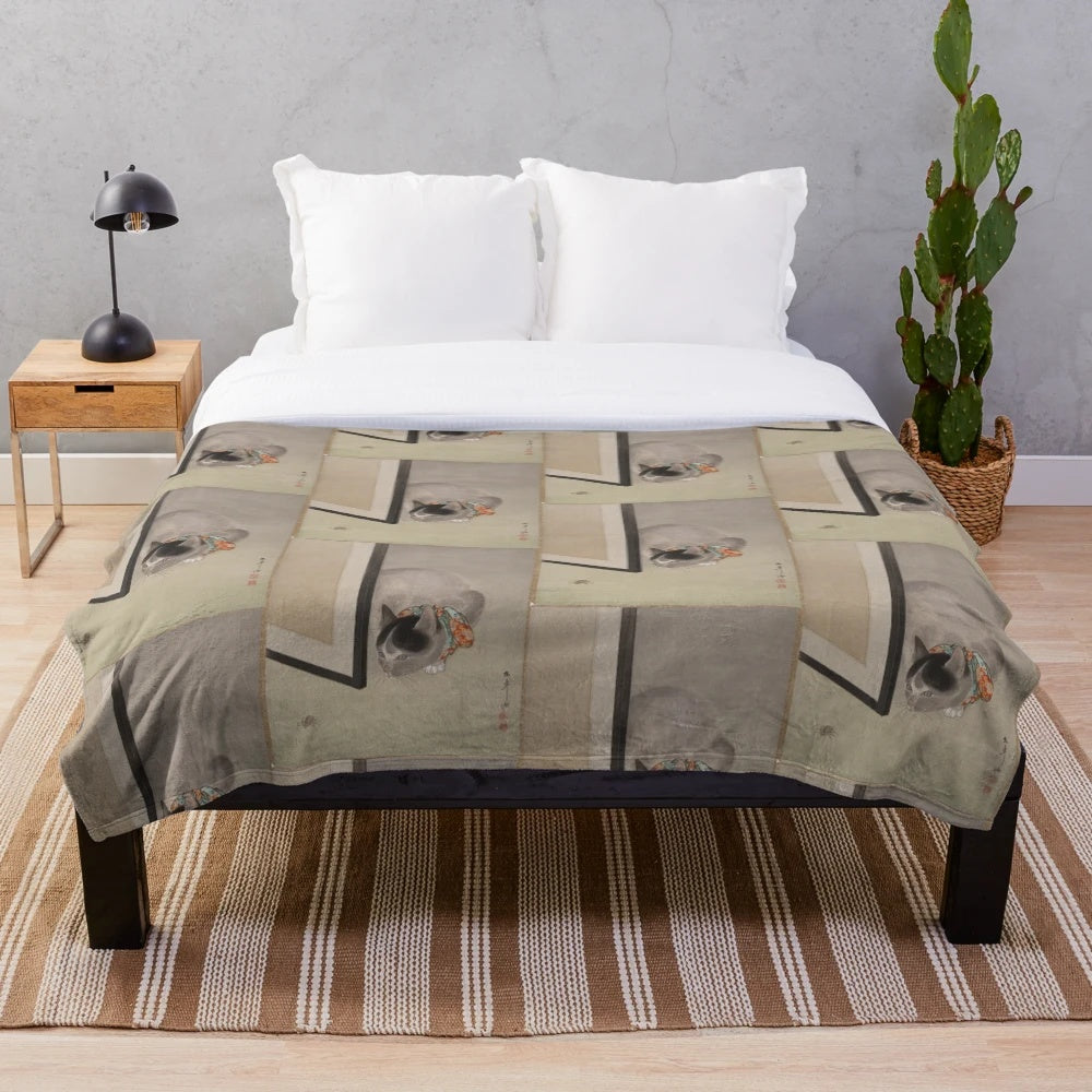 Plush blanket depicting a cat watching a spider in a traditional Japanese classical painting style